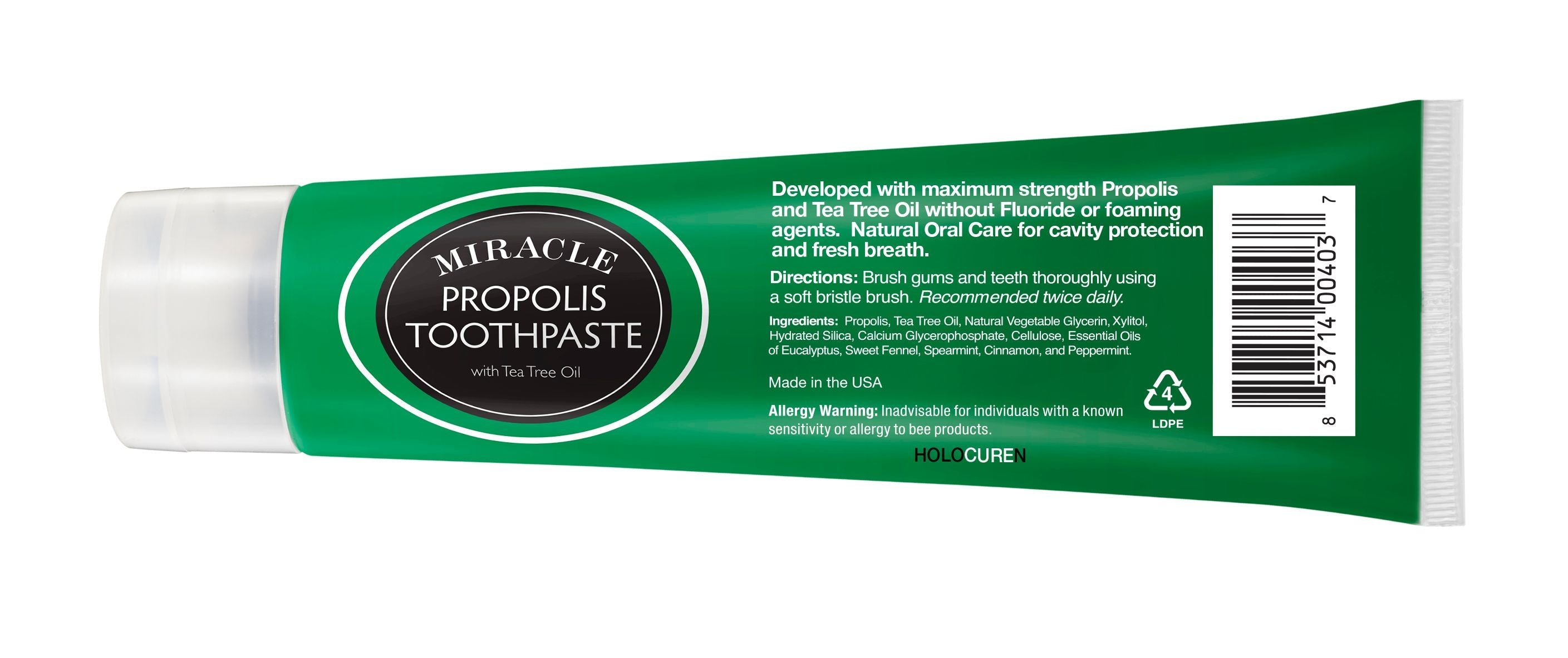 Holocuren Miracle Propolis Toothpaste with Tea Tree Oil 6.4 Oz – Fluoride-Free